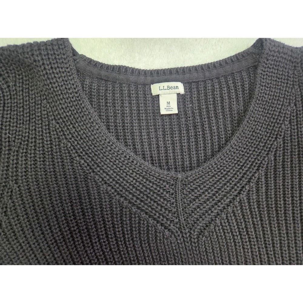 L.L.Bean Womens Medium Cotton Ribbed V Neck Sweater Black Classic Knit - Picture 3 of 7